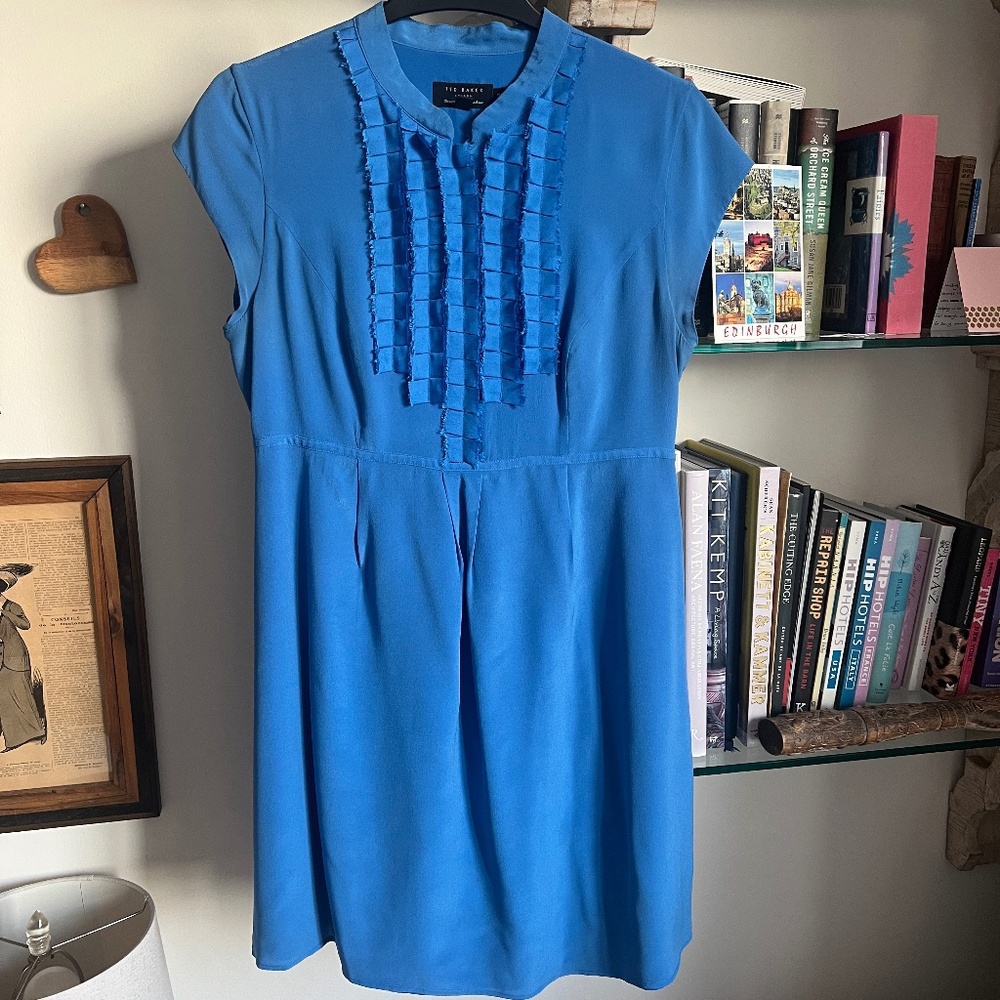 Ted Baker Silk Royal Blue Ruffle Front Mandarin Collar Dress